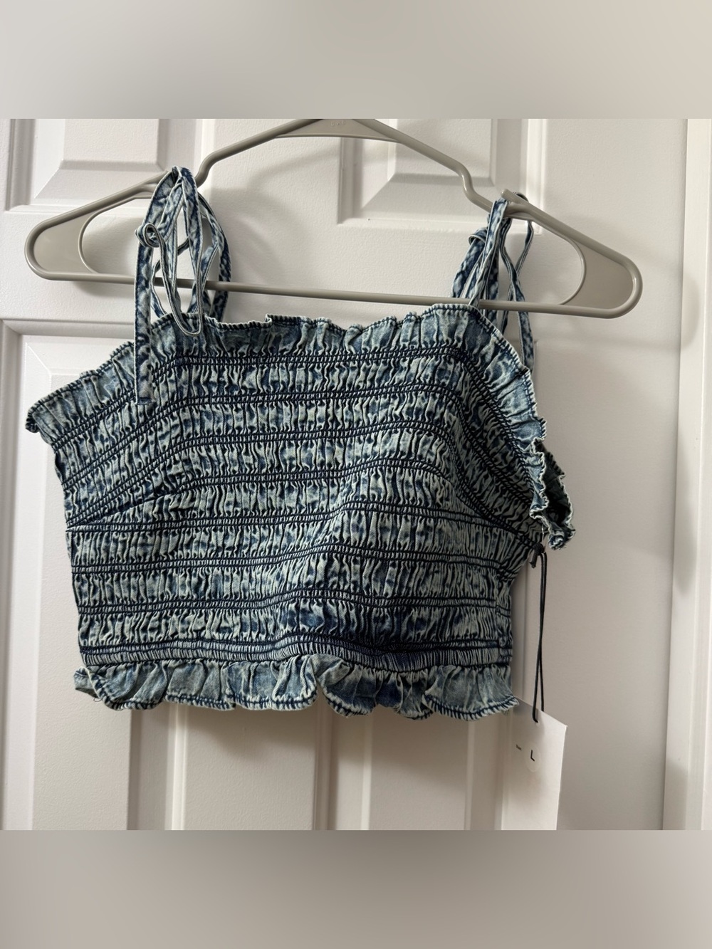 Smocked Light Blue Denim-Effect Tie-Strap Crop Camisole